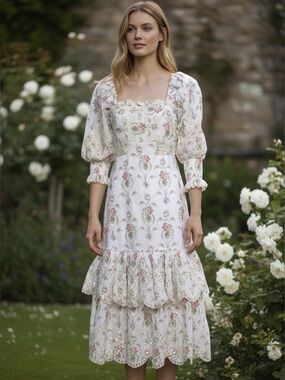 LoveShackFancy Floral Eyelet Cotton Midi Dress, Puff Sleeves, Size 4, EUC!